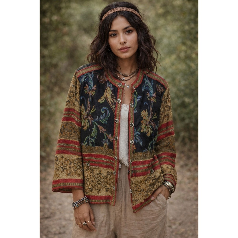 Vintage Bohemian Tapestry Sag Harbor Jacket Womens Sz 18 Multicolored Button Up